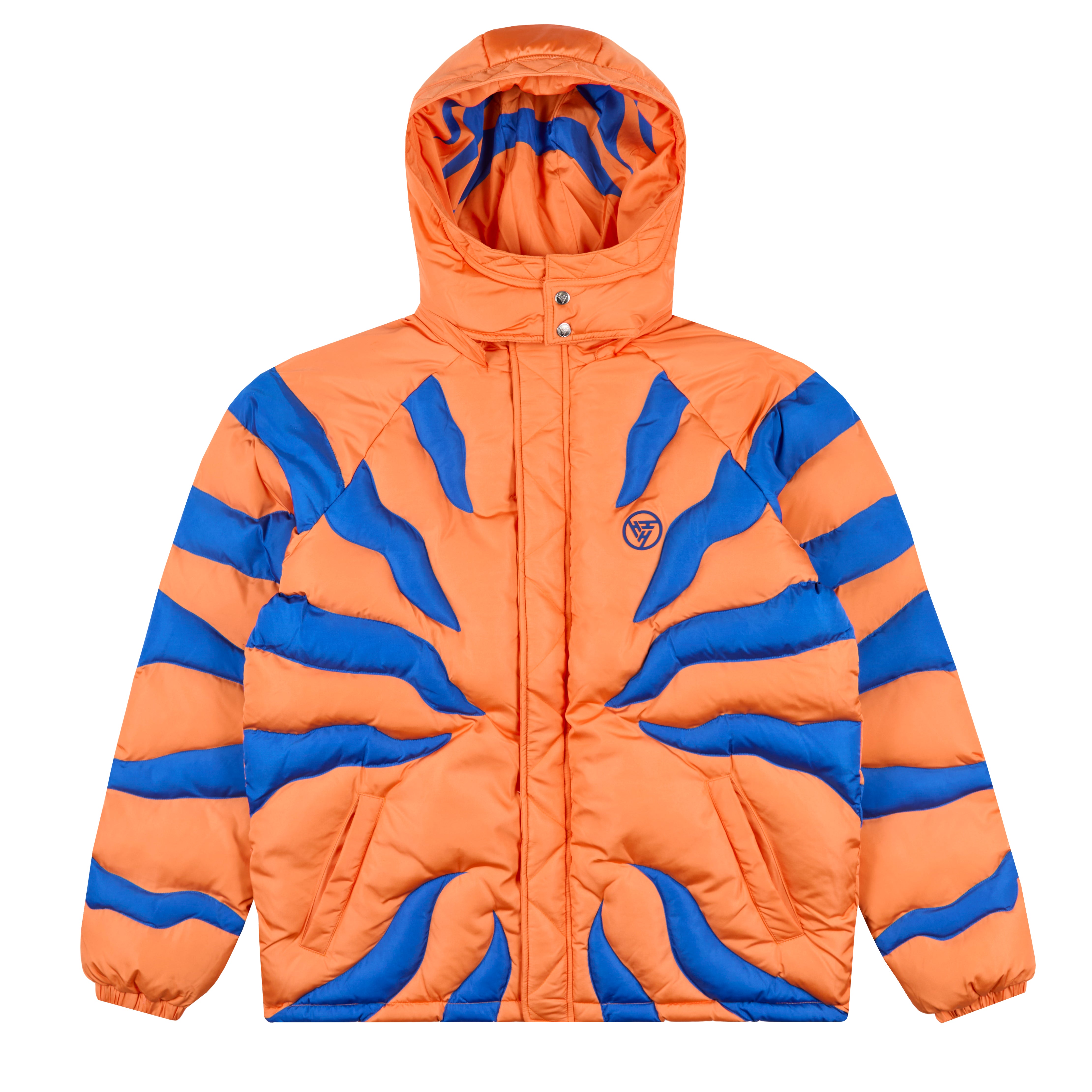 DIGIMON GREYMON PUFFER JACKET (BLUE/ORANGE) – Digimon jackets by Hypland